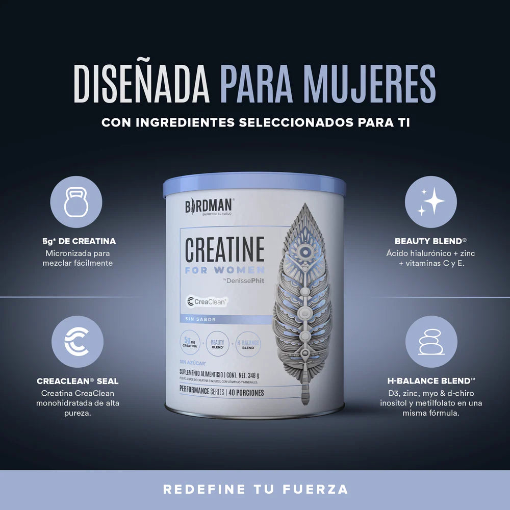 Creatine For Women Birdman - Creatina con Inositol, Ácido Hialurónico y Vitaminas - Sin Sabor - 40 Porciones