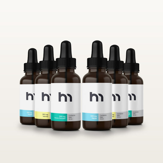 Six Pack Aceite 300 mg Mezclado: 2 goteros HempMeds menta, 2 vainilla y 2 chocomenta